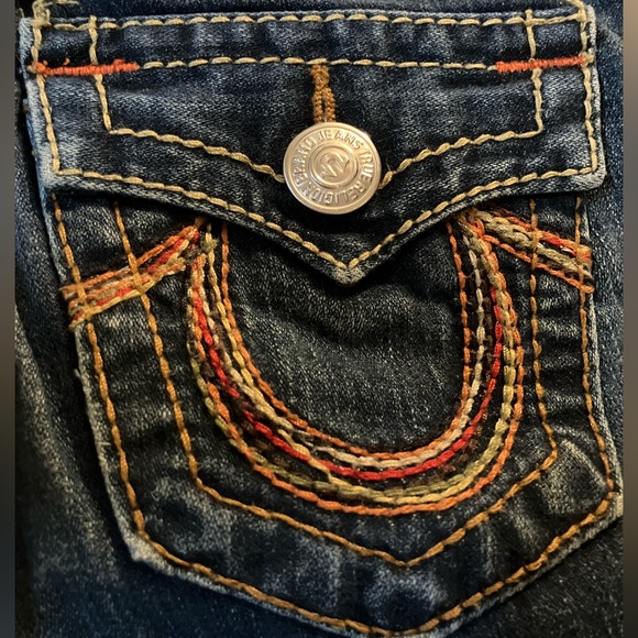 True Religion Dark Blue Flare Jeans Rainbow Joey Flap Pocket Thick Stitch Low - Picture 7 of 16
